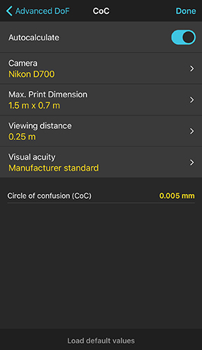 Lens Dof Chart